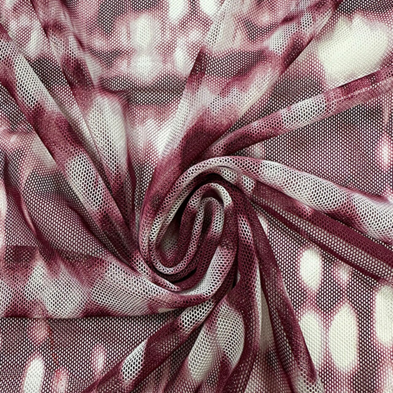 Burgundy and White Batik Look Print Stretch Mesh Fabric By the Yard